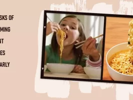 A bowl of hot instant noodles with seasonings symbolizes the theme of frequent instant noodle consumption and the associated health risks.