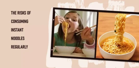 A bowl of hot instant noodles with seasonings symbolizes the theme of frequent instant noodle consumption and the associated health risks.