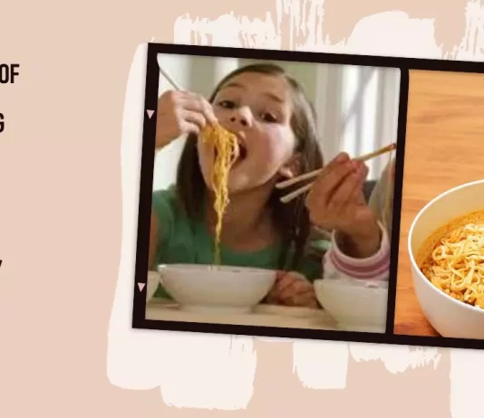 A bowl of hot instant noodles with seasonings symbolizes the theme of frequent instant noodle consumption and the associated health risks.