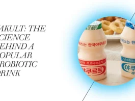 A glass of Yakult probiotic drink symbolizes the scientific foundation of its wellness advantages.