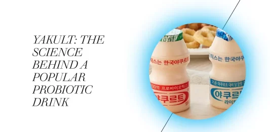 A glass of Yakult probiotic drink symbolizes the scientific foundation of its wellness advantages.