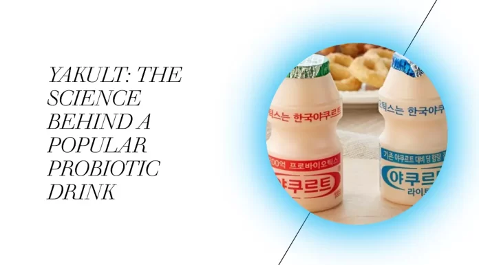 A glass of Yakult probiotic drink symbolizes the scientific foundation of its wellness advantages.