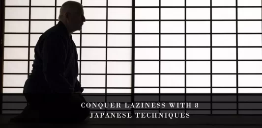 Illustrate a journey from laziness to productivity using eight powerful Japanese techniques, including Kaizen, Ikigai, and more.