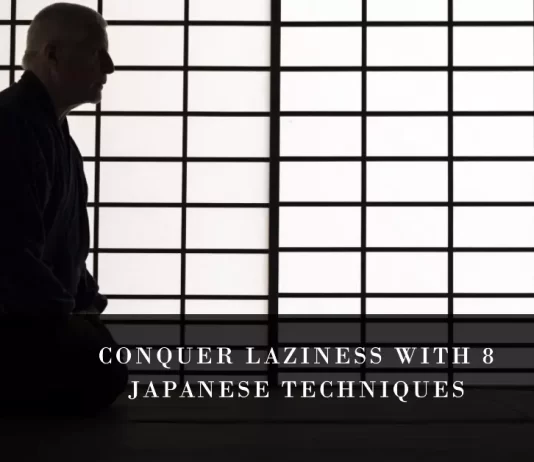 Illustrate a journey from laziness to productivity using eight powerful Japanese techniques, including Kaizen, Ikigai, and more.