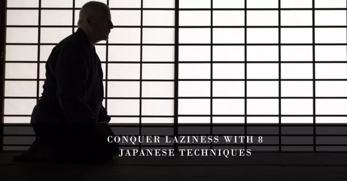 Illustrate a journey from laziness to productivity using eight powerful Japanese techniques, including Kaizen, Ikigai, and more.