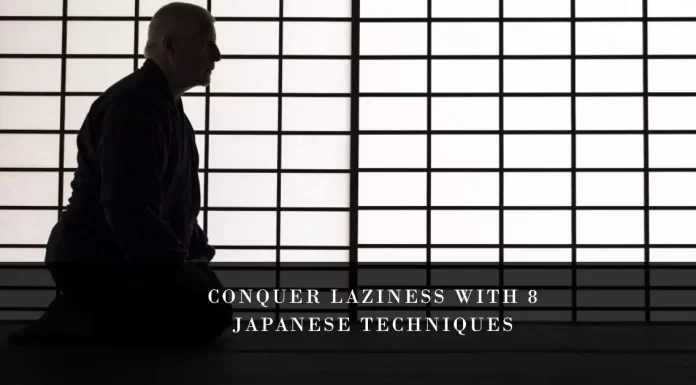 Illustrate a journey from laziness to productivity using eight powerful Japanese techniques, including Kaizen, Ikigai, and more.