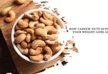 Capture a close-up image of cashew nuts, showcasing their role as a nutritious and supportive snack for weight-loss goals.