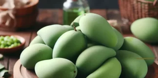 Fresh green mangoes symbolize health and wellness, offering a tangy taste and potential benefits for weight management.