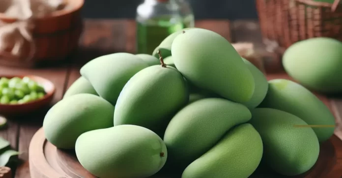 Fresh green mangoes symbolize health and wellness, offering a tangy taste and potential benefits for weight management.