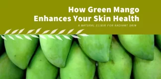 Fresh green mangoes on a rustic background symbolize natural skincare and radiant skin benefits.