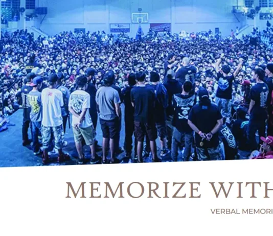 A person holding a microphone symbolizes the memory techniques inspired by rap battle emcees for memorizing paragraphs and sentences.