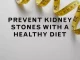 A varied assortment of fruits, vegetables, and glasses of water signifies a diet that promotes kidney health, aiming to prevent the formation of kidney stones.