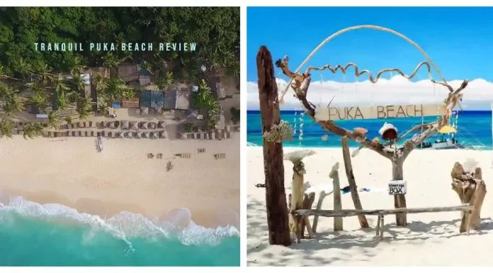 Capture the tranquility of Puka Beach with this aerial view, revealing its calm waters and sandy shores.