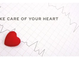 An illustration features a heart surrounded by symbols representing warning signs, risk factors, and healthy lifestyle choices for optimal heart health.