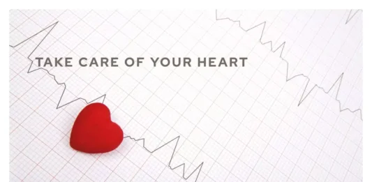 An illustration features a heart surrounded by symbols representing warning signs, risk factors, and healthy lifestyle choices for optimal heart health.