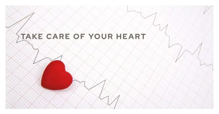 An illustration features a heart surrounded by symbols representing warning signs, risk factors, and healthy lifestyle choices for optimal heart health.