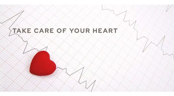 An illustration features a heart surrounded by symbols representing warning signs, risk factors, and healthy lifestyle choices for optimal heart health.