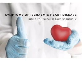 Illustrate proactive management of Ischaemic Heart Disease symptoms with a heart surrounded by various wellness elements.