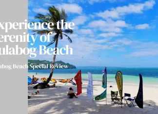 A picturesque view of Bulabog Beach includes kite surfers enjoying the windy conditions.