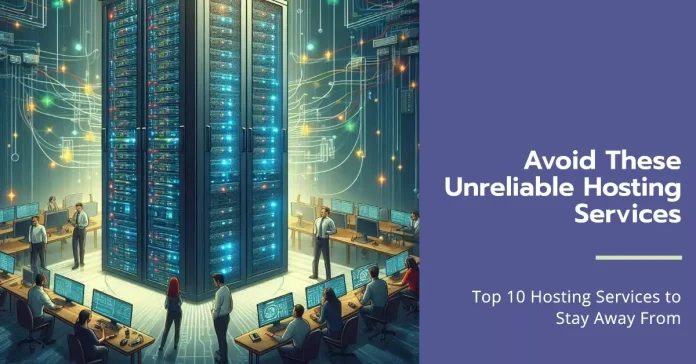 Unreliable web hosting services with a caution symbol, highlighting the importance of choosing a reliable hosting provider.