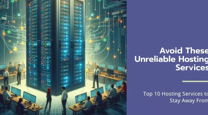 Unreliable web hosting services with a caution symbol, highlighting the importance of choosing a reliable hosting provider.