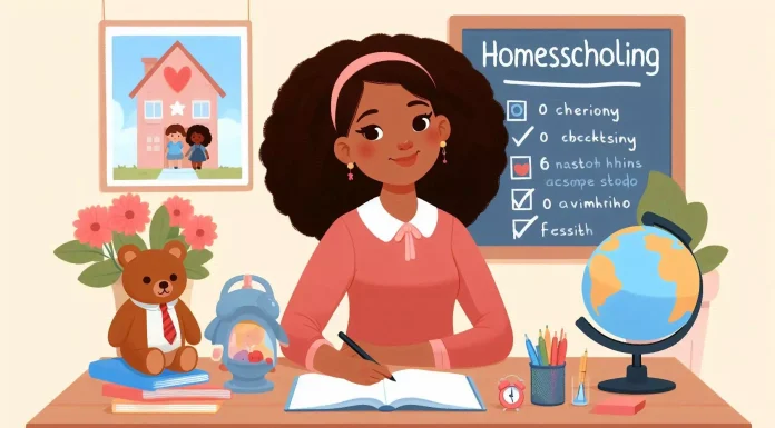 A homeschooling setup with parents guiding their child through lessons at home