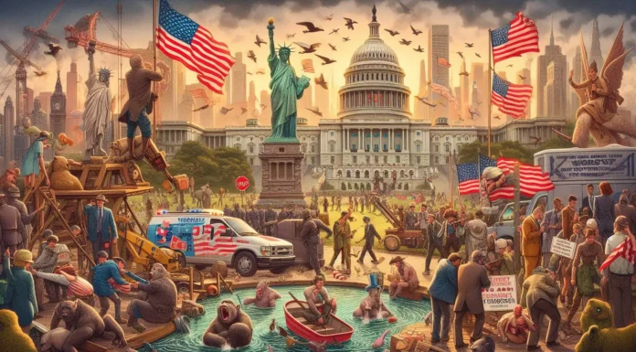 A symbolic representation of America's biggest challenges, including politics, economy, and social issues.