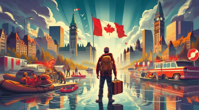Aerial view of Canadian city skyline representing national issues