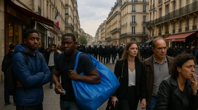 Cityscape of Paris with signs of protests, aging infrastructure, and environmental challenges