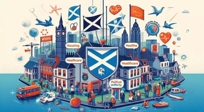 Illustration showing key problems in Scotland: housing, hospitals, schools, and climate impact in 2025.