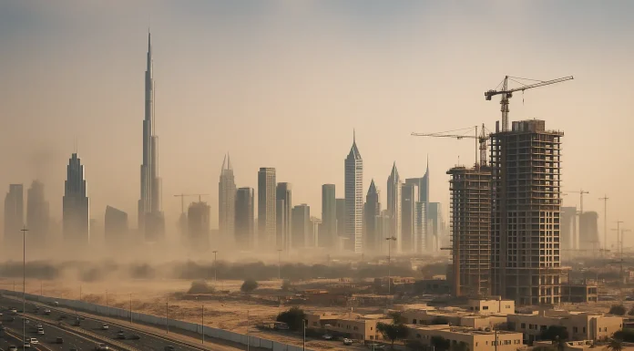 Modern skyline of Dubai with growing urban challenges in the background.