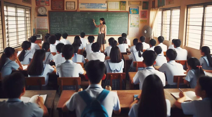 A student sitting in a crowded public classroom in the Philippines with a teacher at the blackboard