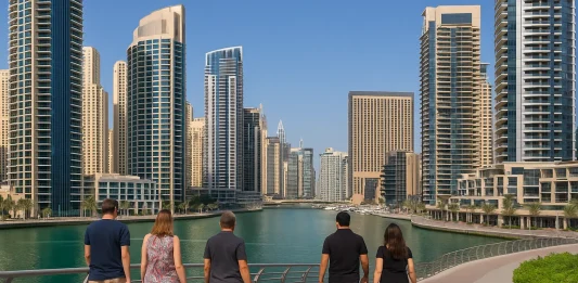 Skyline of Dubai with residential buildings and ex-pats walking near the marina