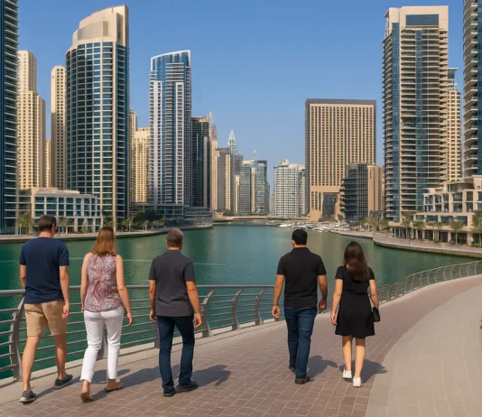 Skyline of Dubai with residential buildings and ex-pats walking near the marina