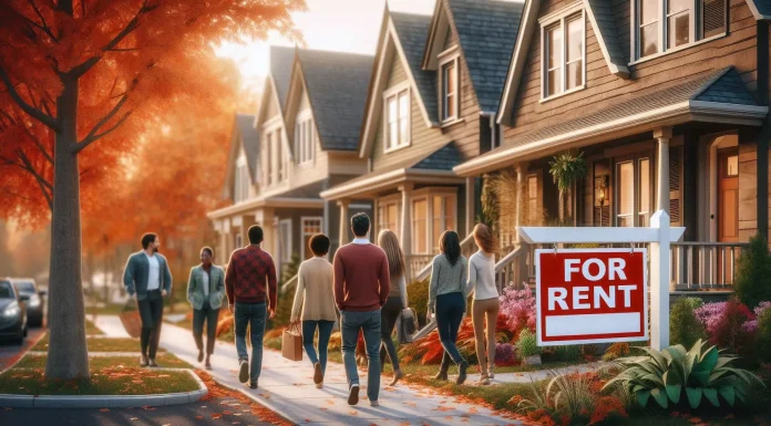 Illustration of Canada with increasing rent prices and cityscape in background