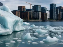 Norwegian glacier melting due to climate change, with the Oslo cityscape in the background