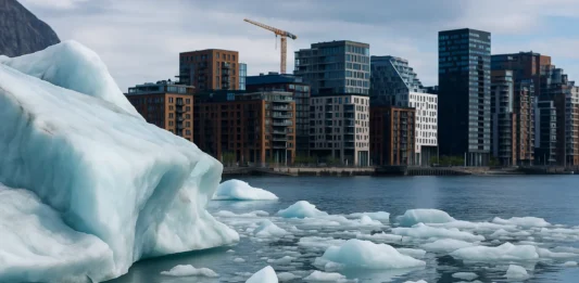 Norwegian glacier melting due to climate change, with the Oslo cityscape in the background