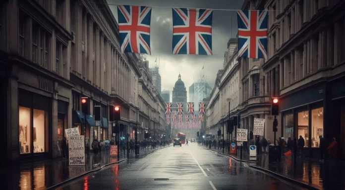 Image showing UK street with signs of protest, economic hardship, and national struggle.