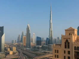Dubai city skyline blending modern buildings with traditional Arabian cultural elements