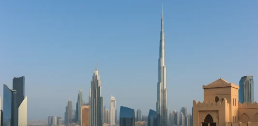 Dubai city skyline blending modern buildings with traditional Arabian cultural elements