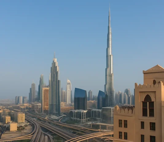 Dubai city skyline blending modern buildings with traditional Arabian cultural elements