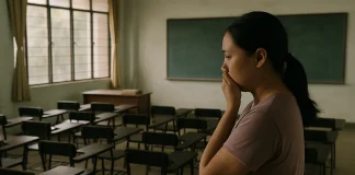 A classroom scene in a Philippine public school with empty chairs and a parent standing in concern.