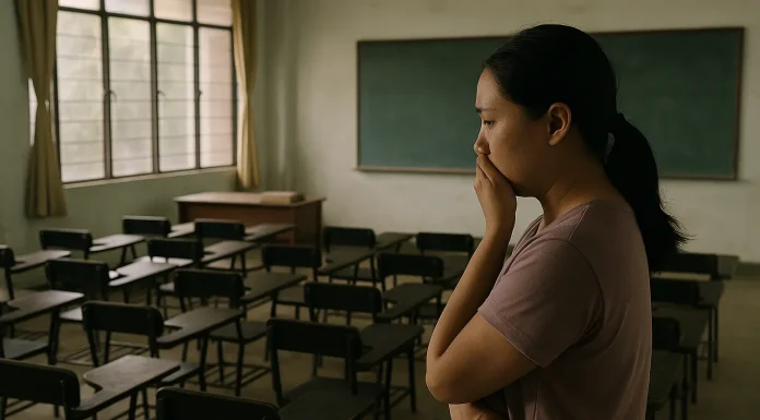 A classroom scene in a Philippine public school with empty chairs and a parent standing in concern.