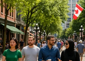 The everyday scenes on Canadian streets — people walking, talking, and enjoying the city — highlight the nation’s commitment to order and cultural respect.