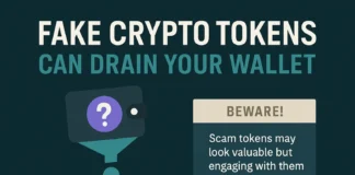 Educational infographic showing how fake crypto tokens can drain wallets if interacted with.