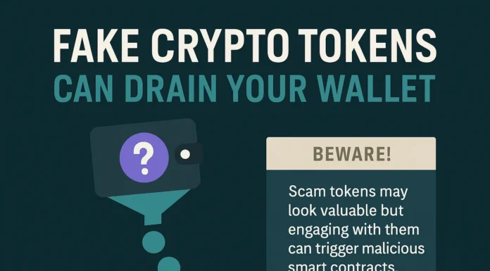 Educational infographic showing how fake crypto tokens can drain wallets if interacted with.