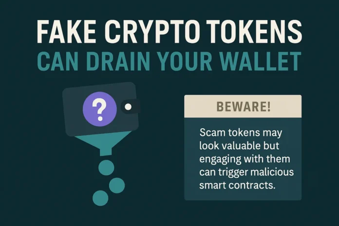 Dusting Token Scams — How They Work & How to Stay Safe Educational infographic showing how fake crypto tokens can drain wallets if interacted with.