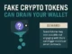 Educational infographic showing how fake crypto tokens can drain wallets if interacted with.