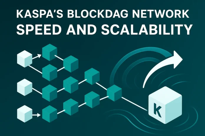 Kaspa and the BlockDAG Revolution Illustration of Kaspa BlockDAG highlighting parallel block confirmations for faster transactions.