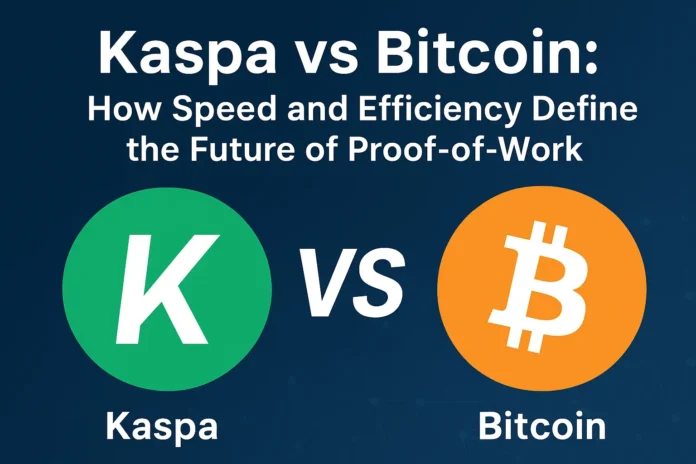Digital comparison graphic showing Kaspa and Bitcoin, highlighting blocks per second and proof-of-work performance.